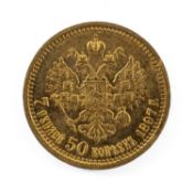 CZAR NICHOLAS II RUSSIAN 7 ROUBLES 50 KOPEKS GOLD COIN, 1897, 6.4gms Provenance: private