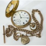 WALTHAM GOLD PLATED HALF HUNTER POCKET WATCH AND 9CT ALBERT, watch with enaelled numerals to outer