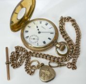 WALTHAM GOLD PLATED HALF HUNTER POCKET WATCH AND 9CT ALBERT, watch with enaelled numerals to outer