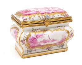 FRENCH PORCELAIN TRINKET BOX, painted en cameau with figures and rural landscapes, gilt borders,