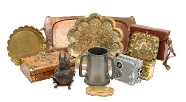 ASSORTED METALWARE & COLLECTIBLES, including Joseph Sankey art nouveau copper tray 65cms long,