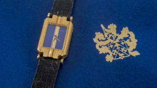 18CT GOLD LADIES' PIAGET 'POLO' WRISTWATCH, ref. 15213/455059, signed lapis-inlaid rectangular dial,