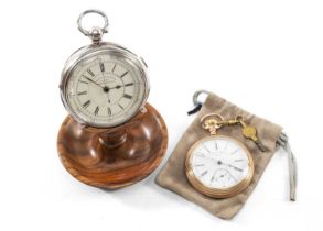 SILVER OPEN FACED POCKET WATCH, centre seconds chronograph with Roman numerals, together with gold