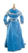 VICTORIAN ROYAL BLUE WATERED SILK DRESS, comprising sleeved bodice, skirt, bustle cover, and belt,