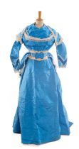 VICTORIAN ROYAL BLUE WATERED SILK DRESS, comprising sleeved bodice, skirt, bustle cover, and belt,