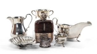 GROUP OF SILVER comprising small silver trophy cup on stand, silver pot bellied jug, silver and