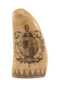 SCRIMSHAW WHALE TOOTH, carved and stained with Royal coat of arms above motto 'Semper Eadem'