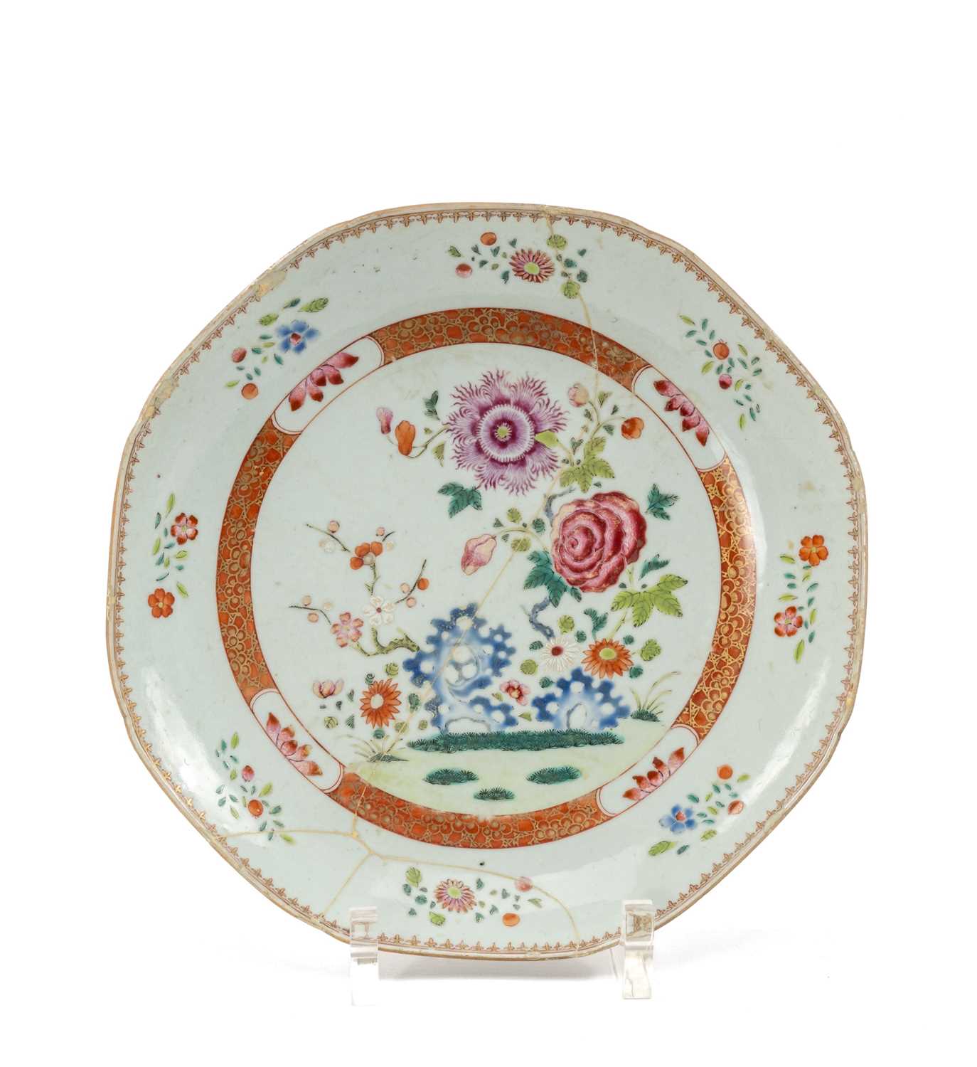 THREE CHINESE FAMILLE ROSE DISHES, Qianlong, comprising pair of plates painted with peony and - Image 3 of 6