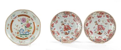 THREE CHINESE FAMILLE ROSE DISHES, Qianlong, comprising pair of plates painted with peony and