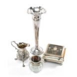 GROUP OF SILVER TABLEWARE comprising silver square section box on bun feet, silver plated trumpet