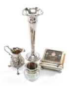 GROUP OF SILVER TABLEWARE comprising silver square section box on bun feet, silver plated trumpet