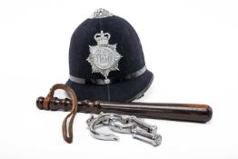 WELSH POLICE ENSEMBLE, comprising helmet with early 'South Wales Constabulary' badge, hardwood