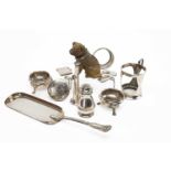 ASSORTED SILVER COLLECTABLES, including pair George II couldron salts, hunting horn, vesta case,