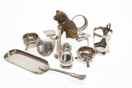 ASSORTED SILVER COLLECTABLES, including pair George II couldron salts, hunting horn, vesta case,