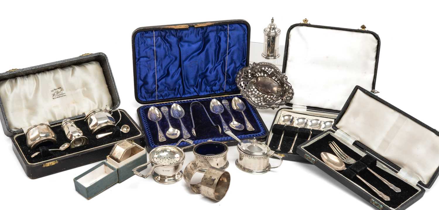 ASSORTED SILVER TABLEWARE, including boxed 3pc cruet, boxed Christening set, boxed coffee spoons