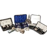 ASSORTED SILVER TABLEWARE, including boxed 3pc cruet, boxed Christening set, boxed coffee spoons
