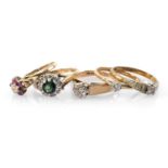 GOLD RINGS comprising three 9ct gold diamond chip rings, 9ct gold tourmaline and diamond chip