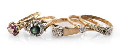 GOLD RINGS comprising three 9ct gold diamond chip rings, 9ct gold tourmaline and diamond chip