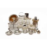 ASSORTED SILVER AND PLATE, including OSP taper stick, another lacking base, wine funnel, bottle