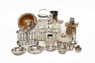 ASSORTED SILVER AND PLATE, including OSP taper stick, another lacking base, wine funnel, bottle