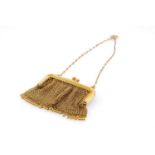 9CT GOLD SMALL MESH PURSE, chain suspension and loop clasp, 6cms wide, 28.8g