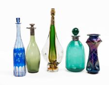 FIVE GLASS VASES/DECANTERS, including blue overlaid and flashed decanter and stopper, engraved