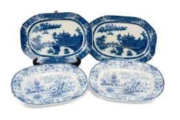 TWO PAIRS WELSH BLUE PRINTED POTTERY PLATTERS, comprising pair of Cambrian 'Long Bridge' canted