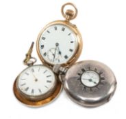 THREE POCKET WATCHES, comprising gold plated top wind full hunter, white Roman dial with subsid.