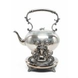 VICTORIAN ELECTROPLATED KETTLE ON STAND, engine turned decoration and stags mask, C-scroll and fruit