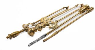 TWO PAIRS OF BRASS FIRE IRONS, each set comprising a poker and a pair of tongs, one with steel