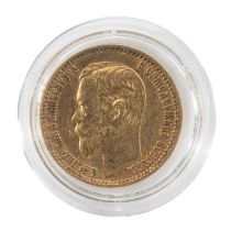 RUSSIAN 5 ROUBLES GOLD COIN, 1898, 4.2gms Provenance: private collection Cardiff Comments: wear,