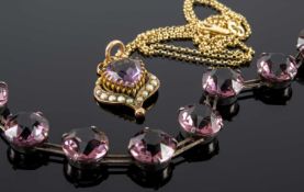 YELLOW METAL HEART SHAPED AMETHYST & SEED PEARL PENDANT, on 18ct gold fine chain, 3.1gms, together