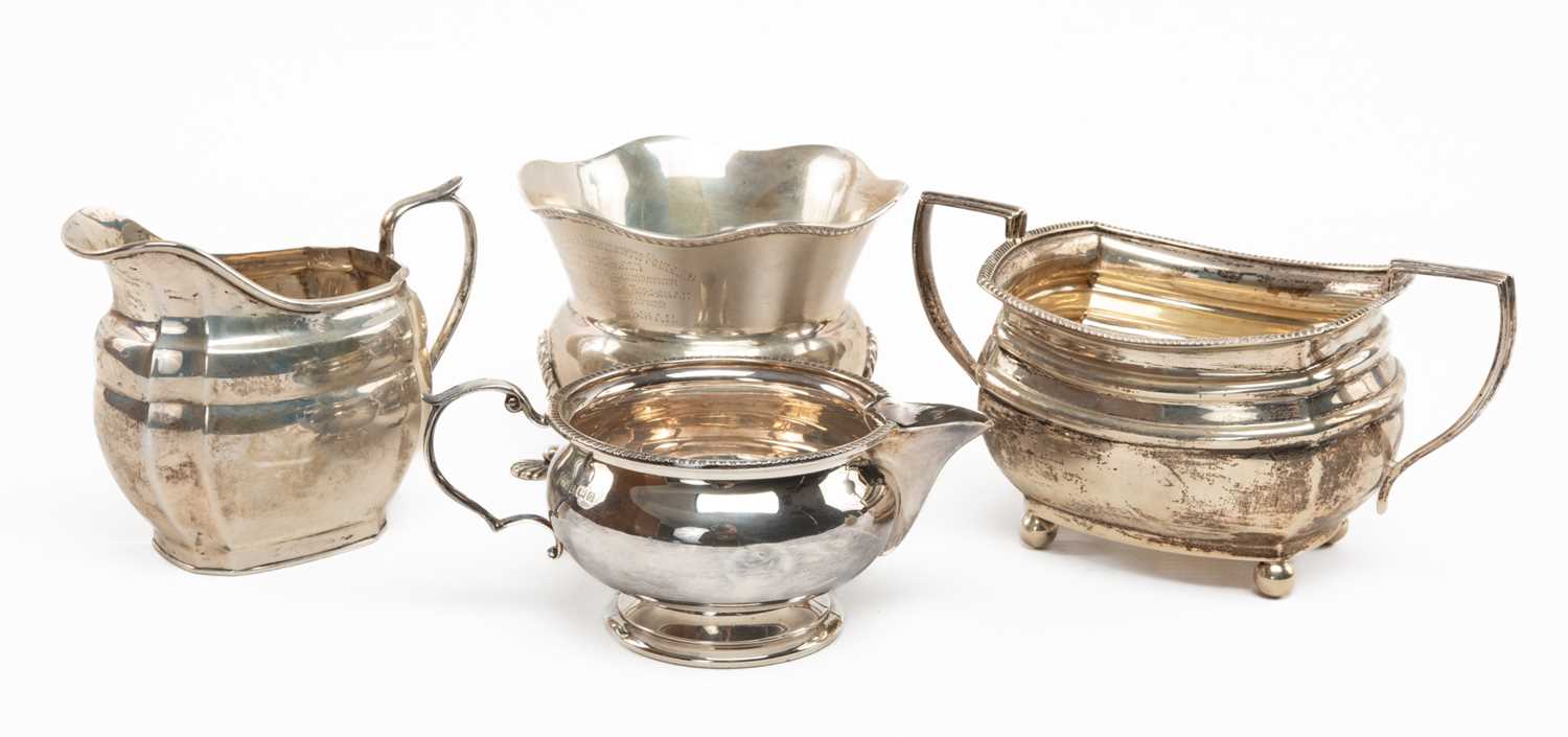 FOUR SILVER VESSELS, including small bowl with four shell-form legs and engraved presentation