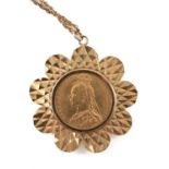 VICTORIAN GOLD SOVEREIGN, 1891, Jubilee head, in 9ct gold flowerhead pendant mount, on 9ct gold