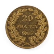 KING LEOPOLD I GOLD 20 FRANCS COIN, 1865, 6.4gms Provenance: private collection Monmouthshire