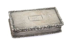 WILLIAM IV SILVER SNUFF BOX, William Philips, rectangular with scroll chased rim and engine turned