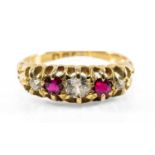 18CT GOLD FIVE STONE DIAMOND & RUBY RING, ring size L 1/2, 3.3gms Provenance: private collection