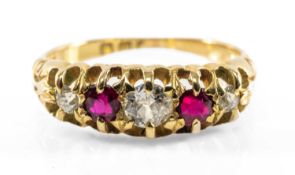 18CT GOLD FIVE STONE DIAMOND & RUBY RING, ring size L 1/2, 3.3gms Provenance: private collection