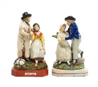 TWO EARLY 19TH C. PEARLWARE FIGURE GROUPS, one entitled 'Departure', the other 'Dollars', each