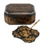 19TH C. CHINESE BLACK & GOLD LACQUER WORK BOX + PAPIER MACHE FACE SCREEN, work box of canted