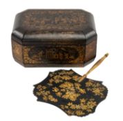 19TH C. CHINESE BLACK & GOLD LACQUER WORK BOX + PAPIER MACHE FACE SCREEN, work box of canted