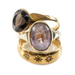 THREE GOLD RINGS comprising 18ct gold three stone diamond chip 'gypsy' set ring, yellow metal