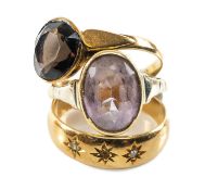 THREE GOLD RINGS comprising 18ct gold three stone diamond chip 'gypsy' set ring, yellow metal