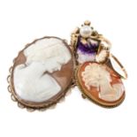 9CT GOLD JEWELLERY comprising blue john ring, two cameo brooches, cameo ring, pearl ring, 25.6gms