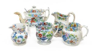 FIVE 19TH C. GLAMORGAN POTTERY VESSELS, printed in blue and colour enamelled, including teapot and
