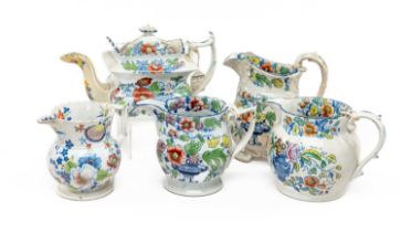 FIVE 19TH C. GLAMORGAN POTTERY VESSELS, printed in blue and colour enamelled, including teapot and