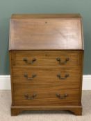 NEAT REPRODUCTION MAHOGANY BUREAU, sloped fall, interior pigeonholes, three long drawers, circular