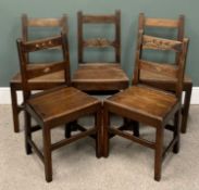 HARLEQUIN GROUP OF FIVE ANTIQUE OAK FARM HOUSE CHAIRS, peg joined construction, comprising pair with