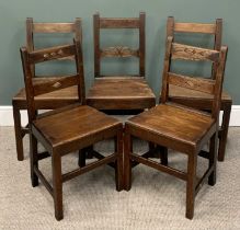 HARLEQUIN GROUP OF FIVE ANTIQUE OAK FARM HOUSE CHAIRS, peg joined construction, comprising pair with