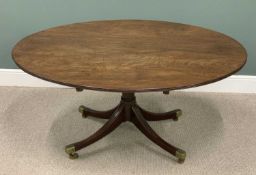 REGENCY MAHOGANY TILT TOP PEDESTAL DINING/BREAKFAST TABLE, two plank oval top, reeded edging,